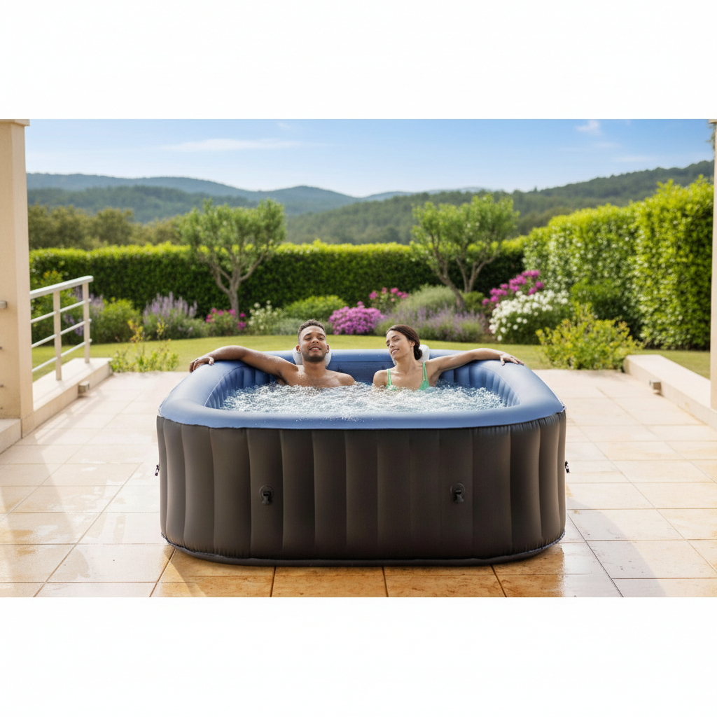Détail des bulles et jets de massage d'un jacuzzi gonflable carre