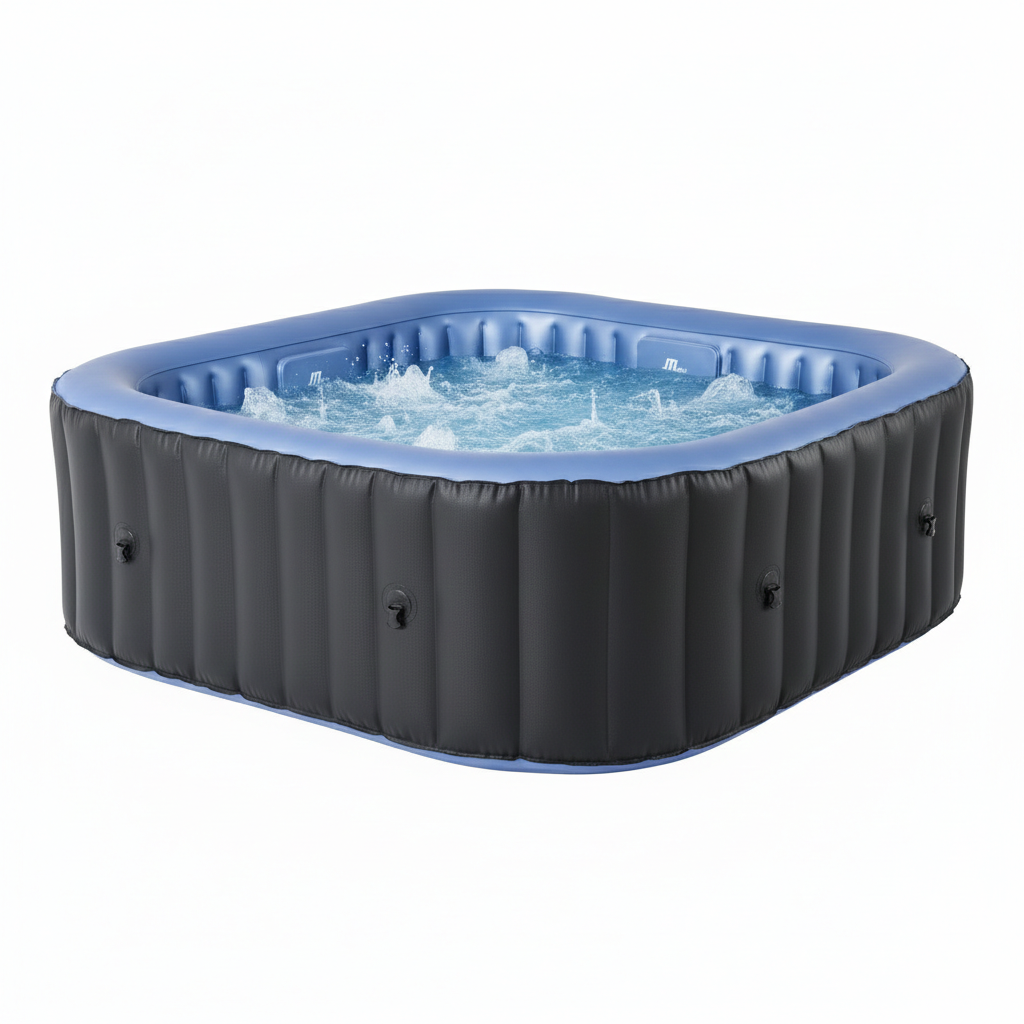 Spa gonflable carré 4 places avec jets hydromassage en fonctionnement dans un jardin