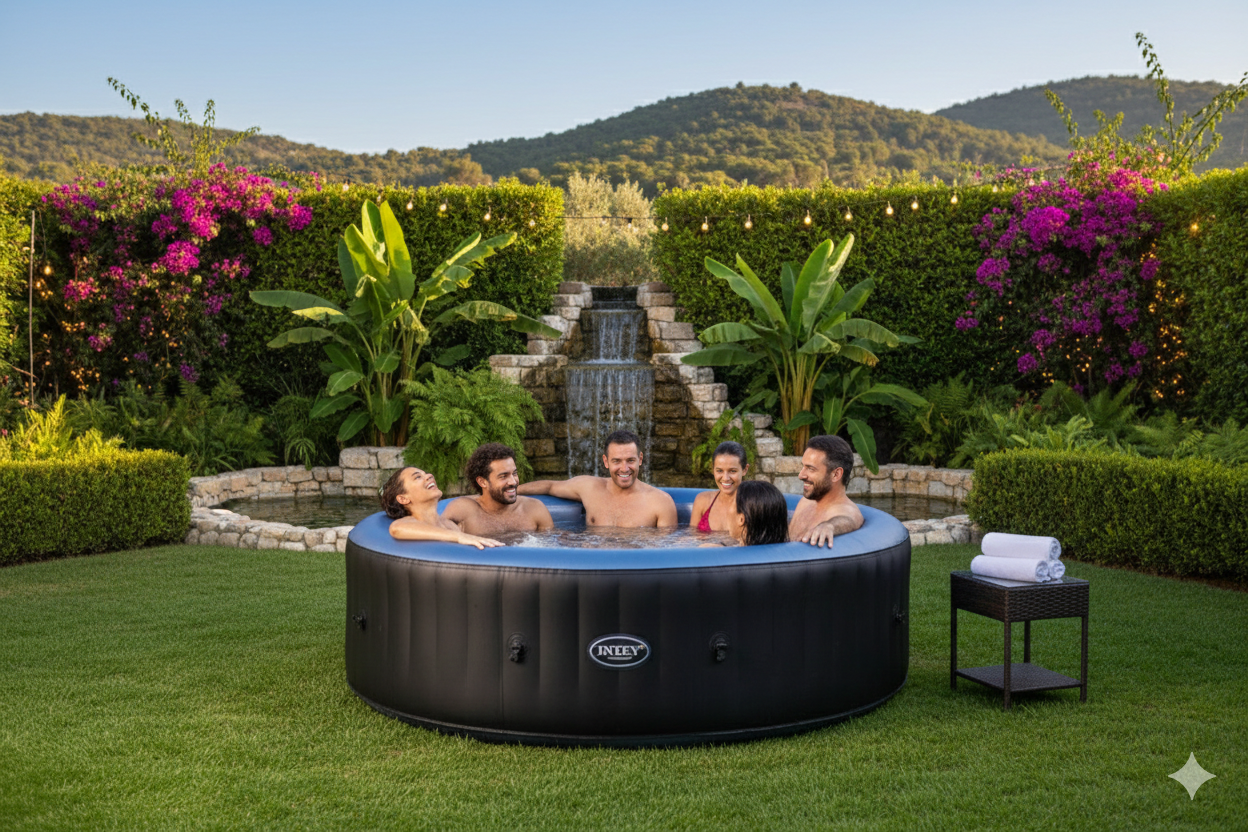 Famille de 2-6 personnes profitant d'un spa gonflable dans le jardin en été