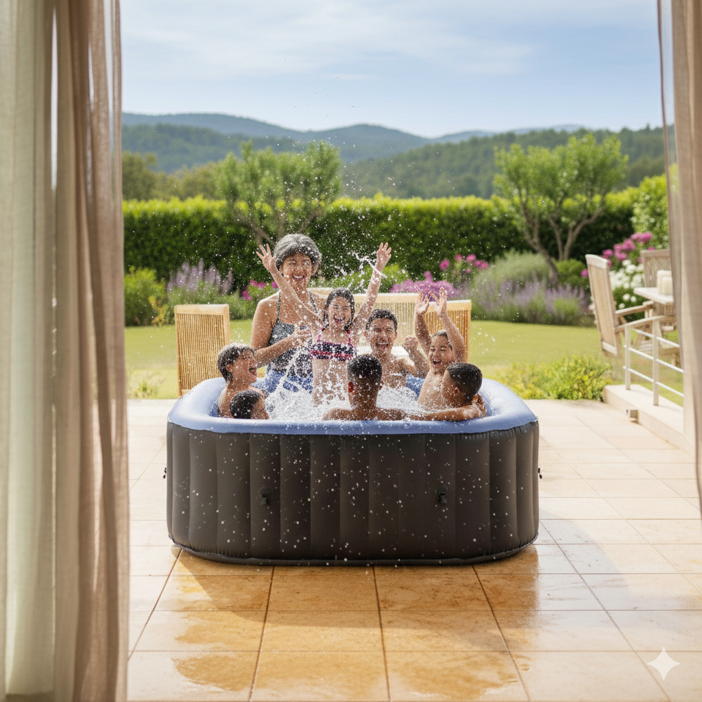 Famille de 4 personnes profitant d'un spa gonflable dans le jardin en été