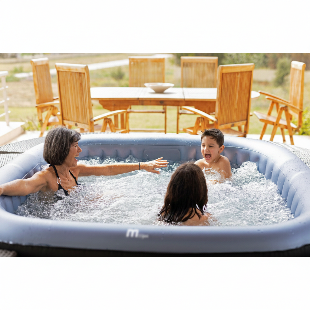 Vue de dessus d'un spa gonflable 4 à 8 personnes installé sur terrasse en bois